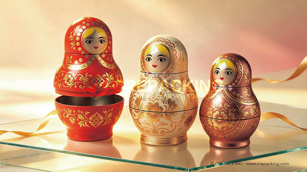 Custom printed luxury nesting doll shaped tin gift box for souvenir packaging